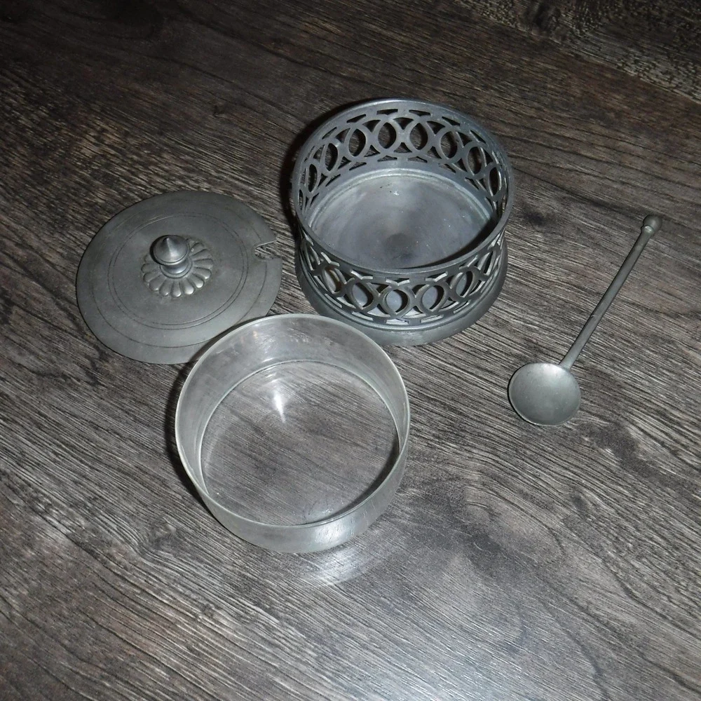 Vintage Pewter Sugar Bowl with Spoon Ornate‎ Lattice Lid